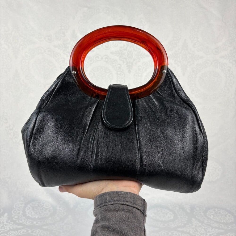 Vintage 1960s Handbag Black Leather with Tortoise Lucite Handles Cocktail Mod